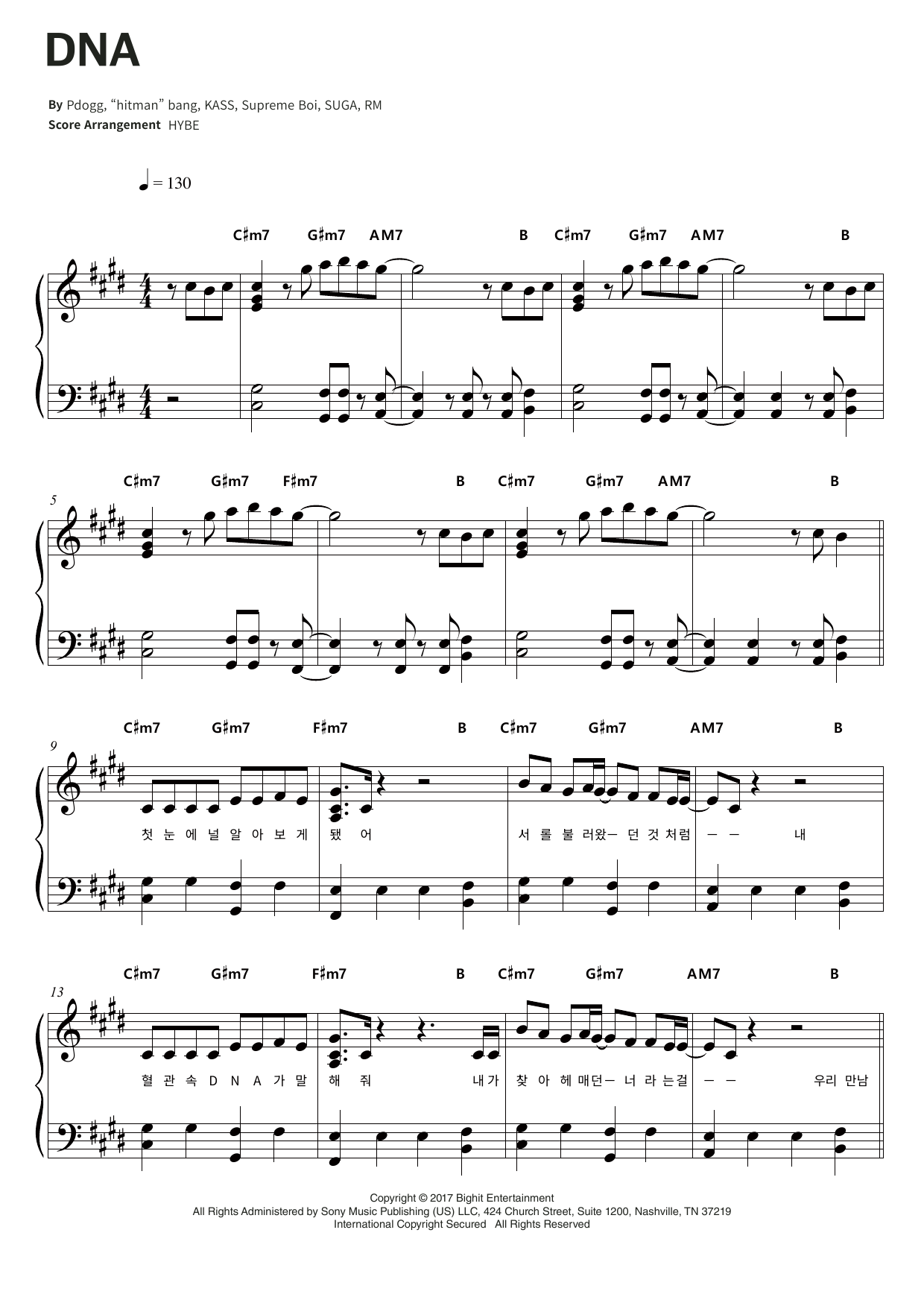 BTS DNA sheet music notes and chords arranged for Piano & Lyrics