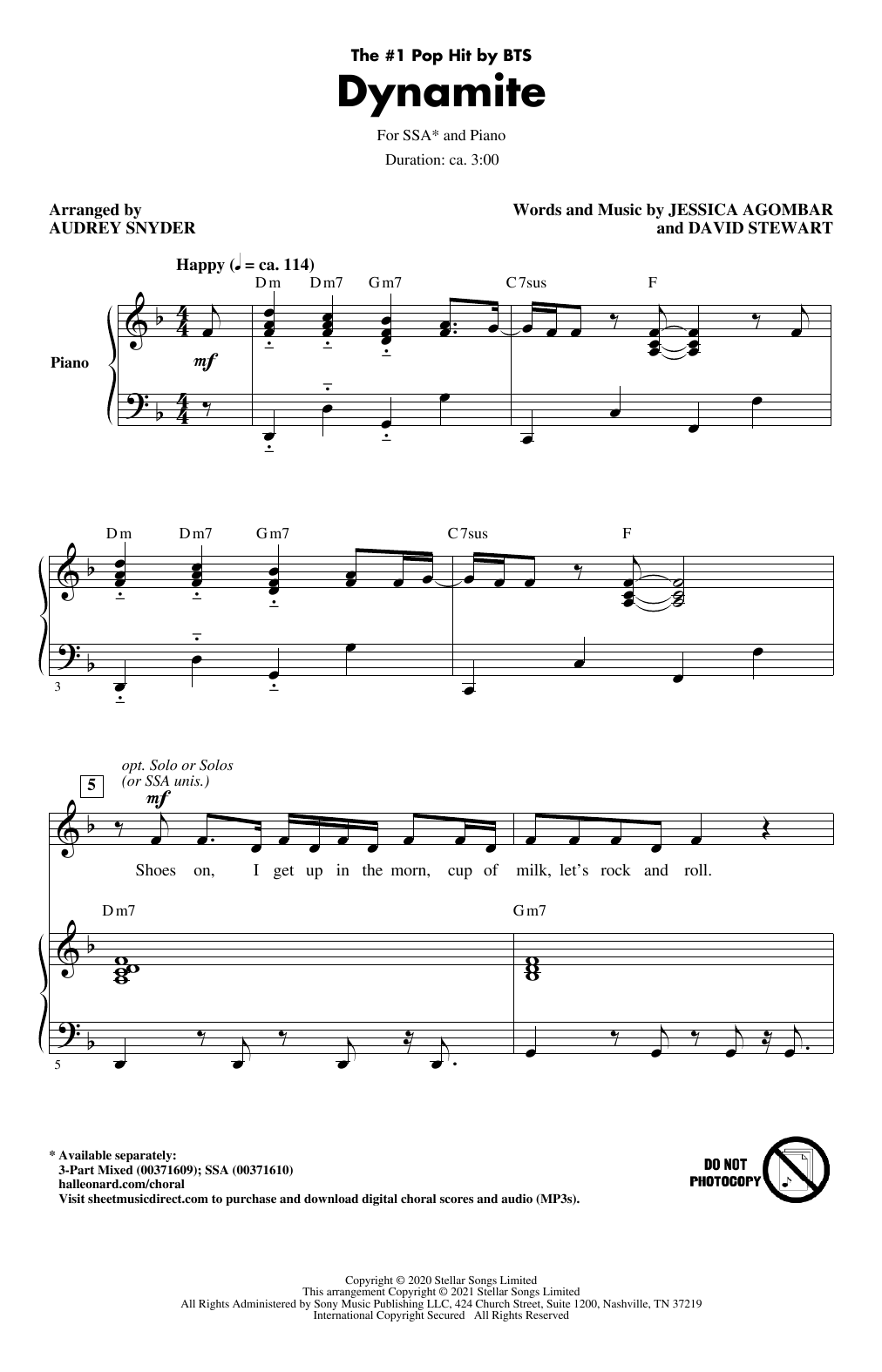 BTS Dynamite (arr. Audrey Snyder) sheet music notes and chords arranged for SSA Choir