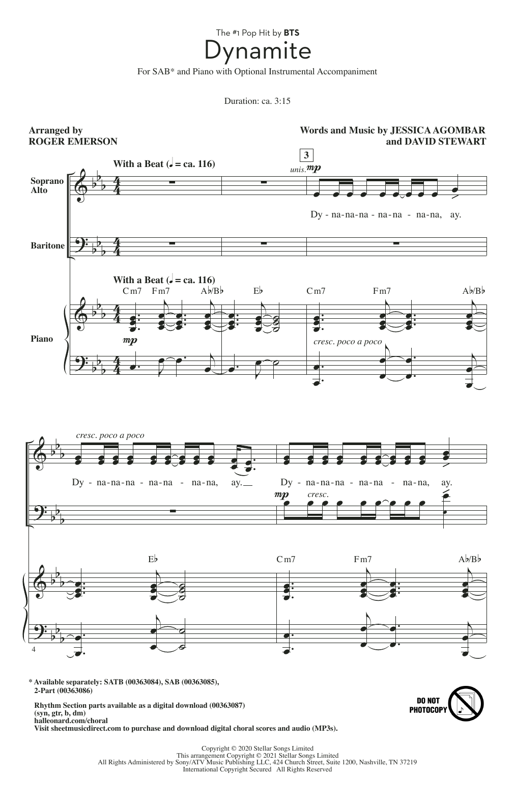 BTS Dynamite (arr. Roger Emerson) sheet music notes and chords arranged for 2-Part Choir