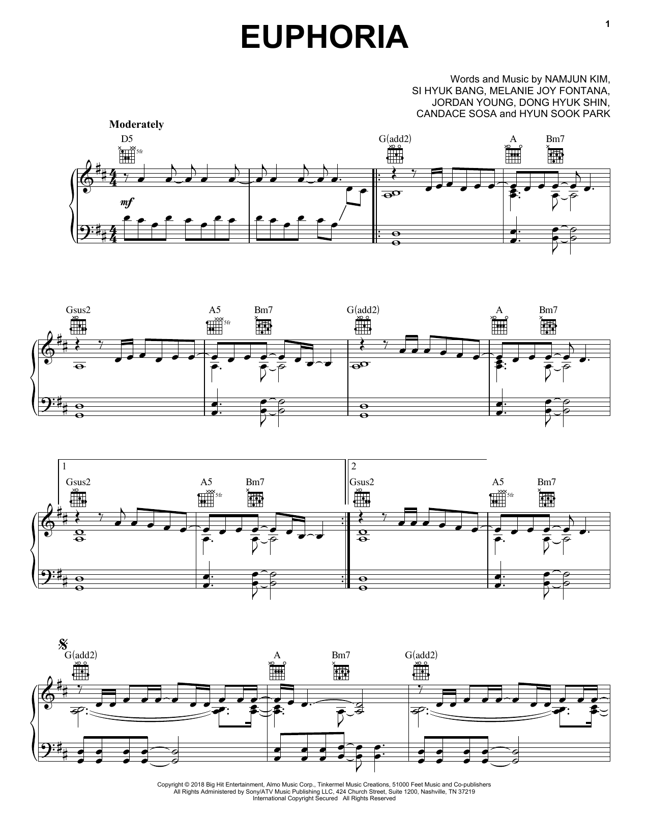 BTS Euphoria sheet music notes and chords arranged for Piano Solo
