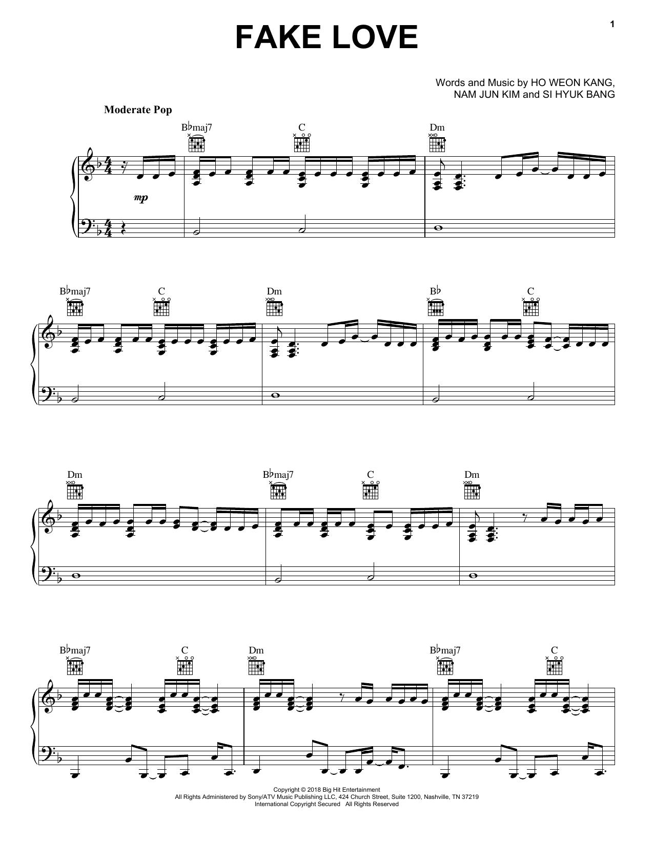 BTS Fake Love sheet music notes and chords arranged for Piano Solo