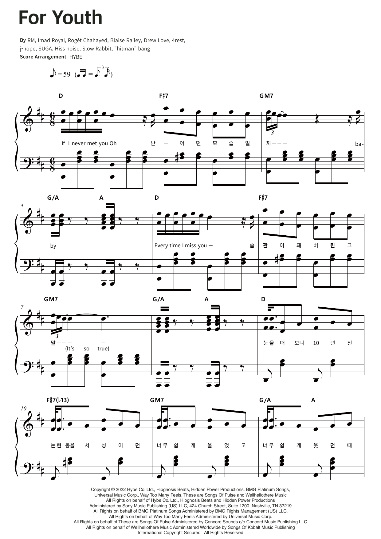 BTS For Youth sheet music notes and chords arranged for Piano & Lyrics
