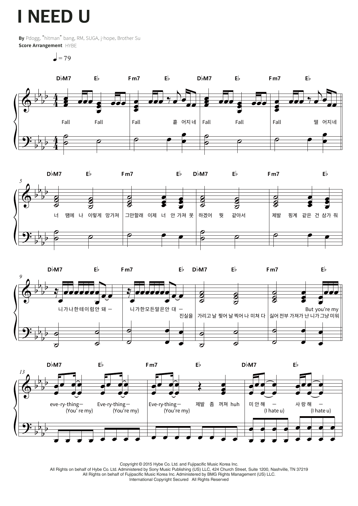 BTS I Need U sheet music notes and chords arranged for Piano & Lyrics