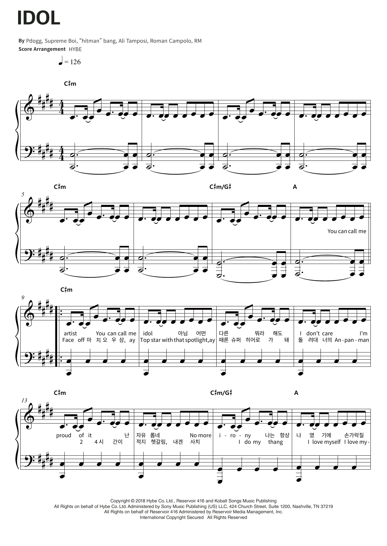 BTS Idol sheet music notes and chords arranged for Piano & Lyrics