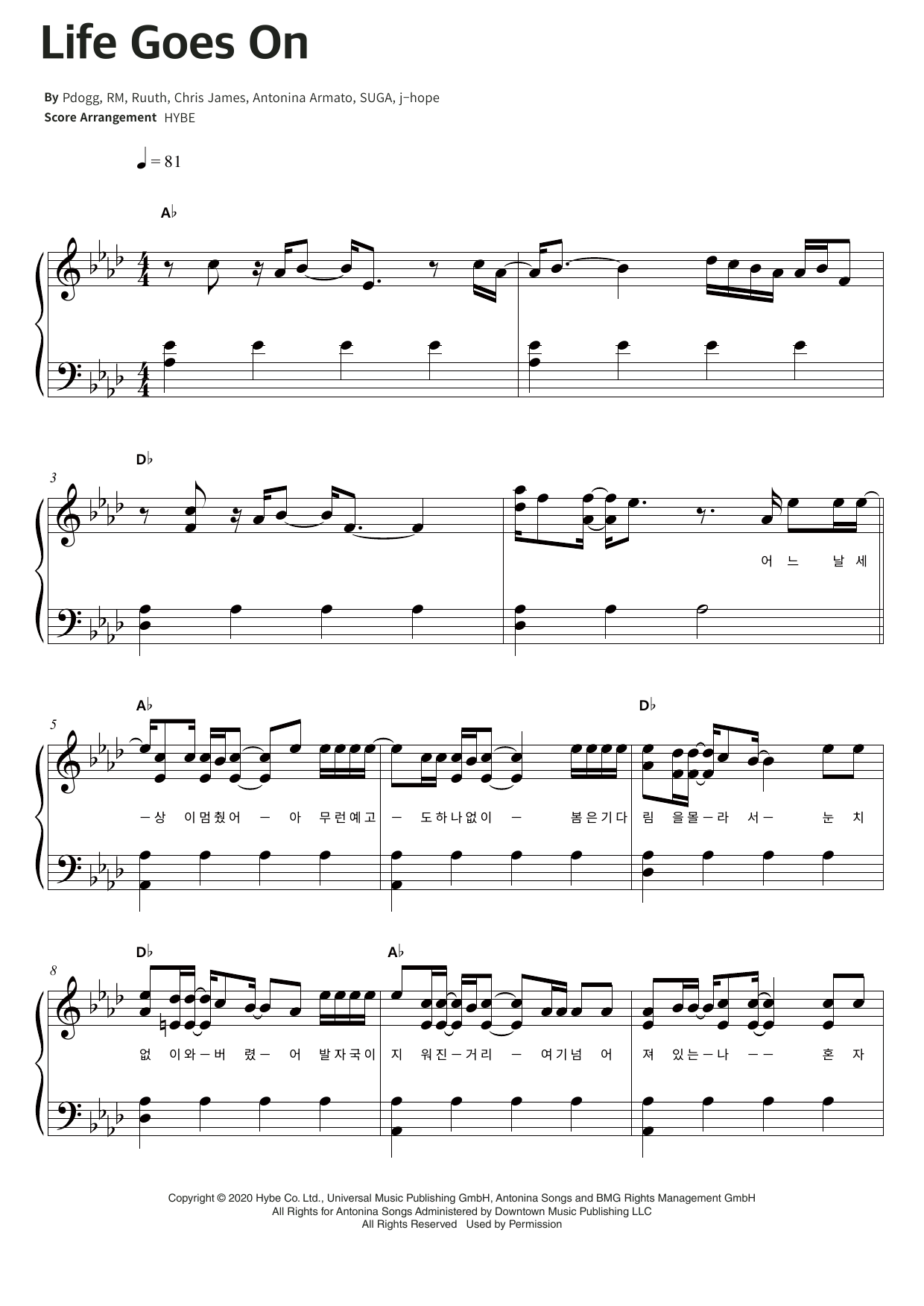 BTS Life Goes On sheet music notes and chords arranged for Piano & Lyrics