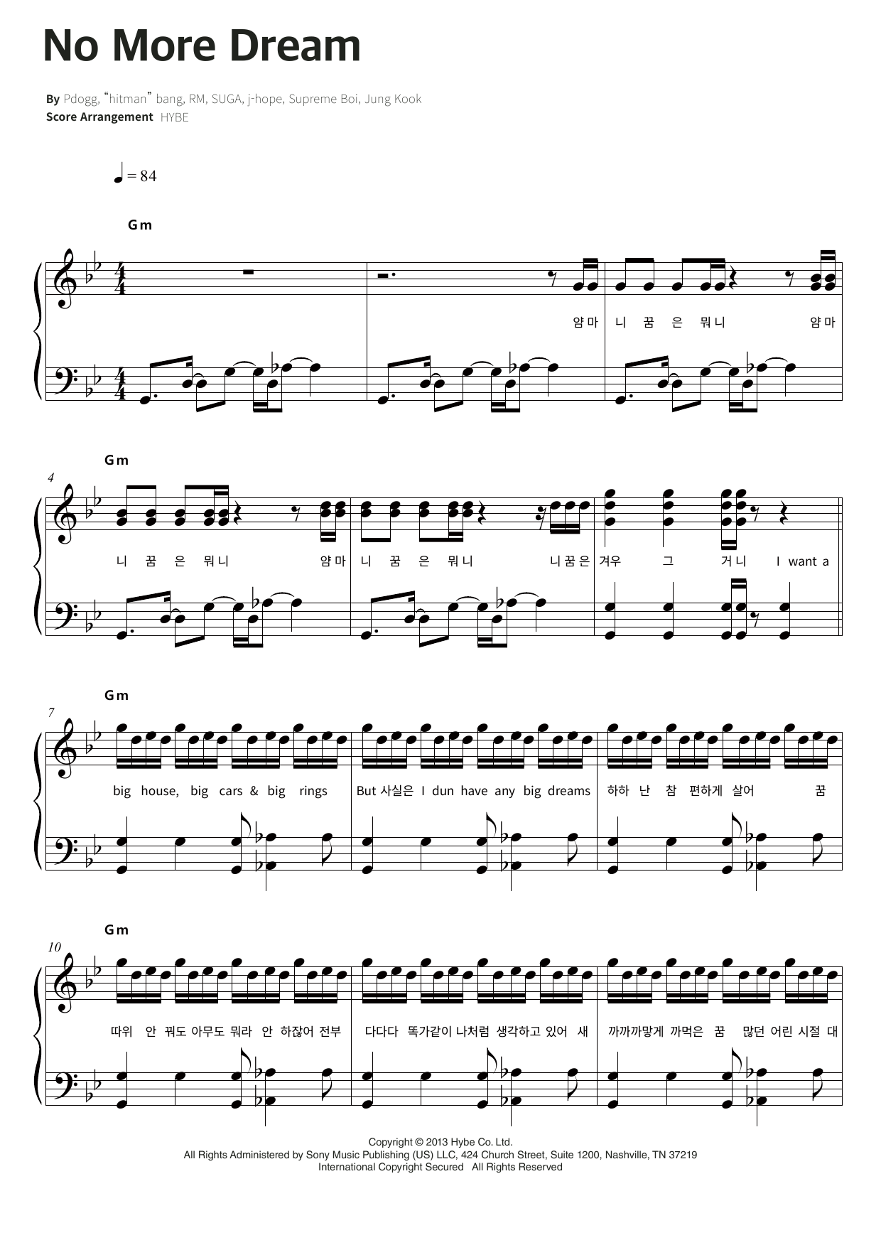 BTS No More Dream sheet music notes and chords arranged for Piano & Lyrics