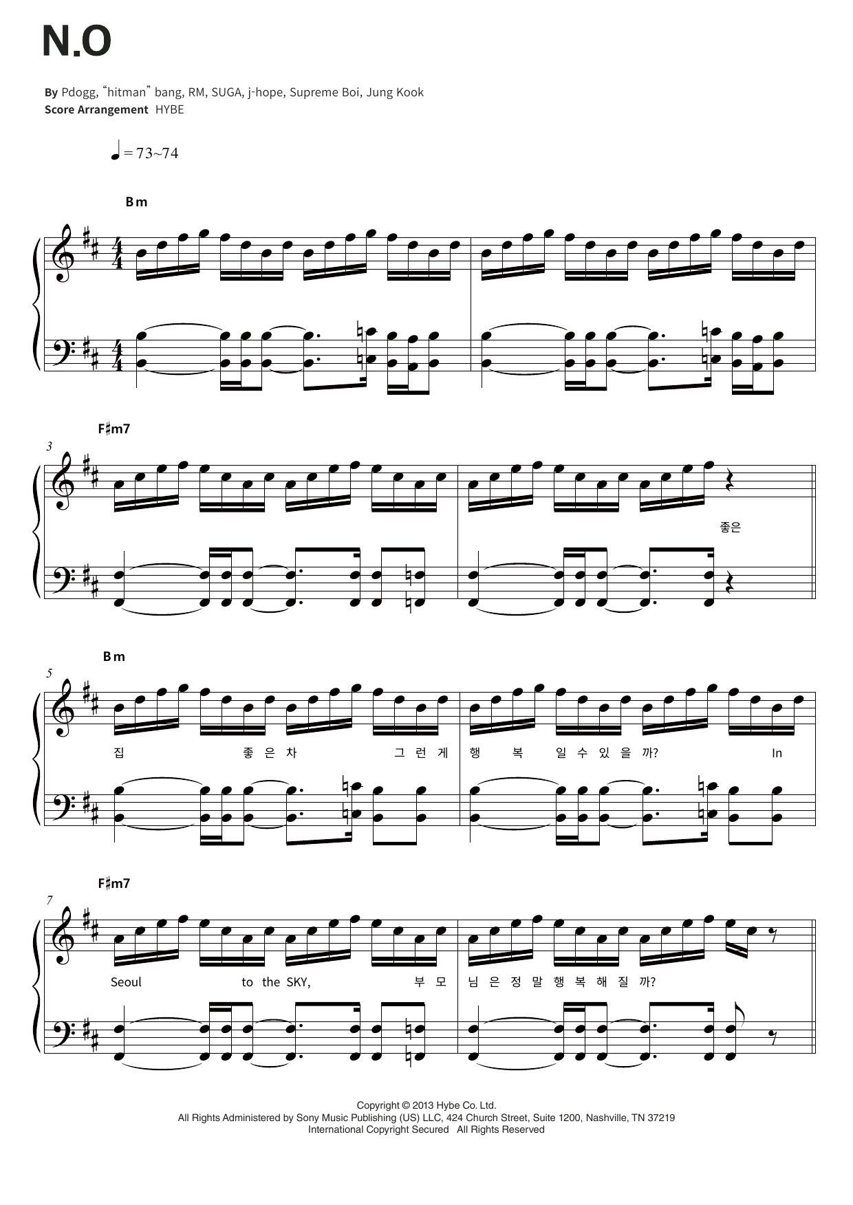 BTS N.O sheet music notes and chords arranged for Piano & Lyrics