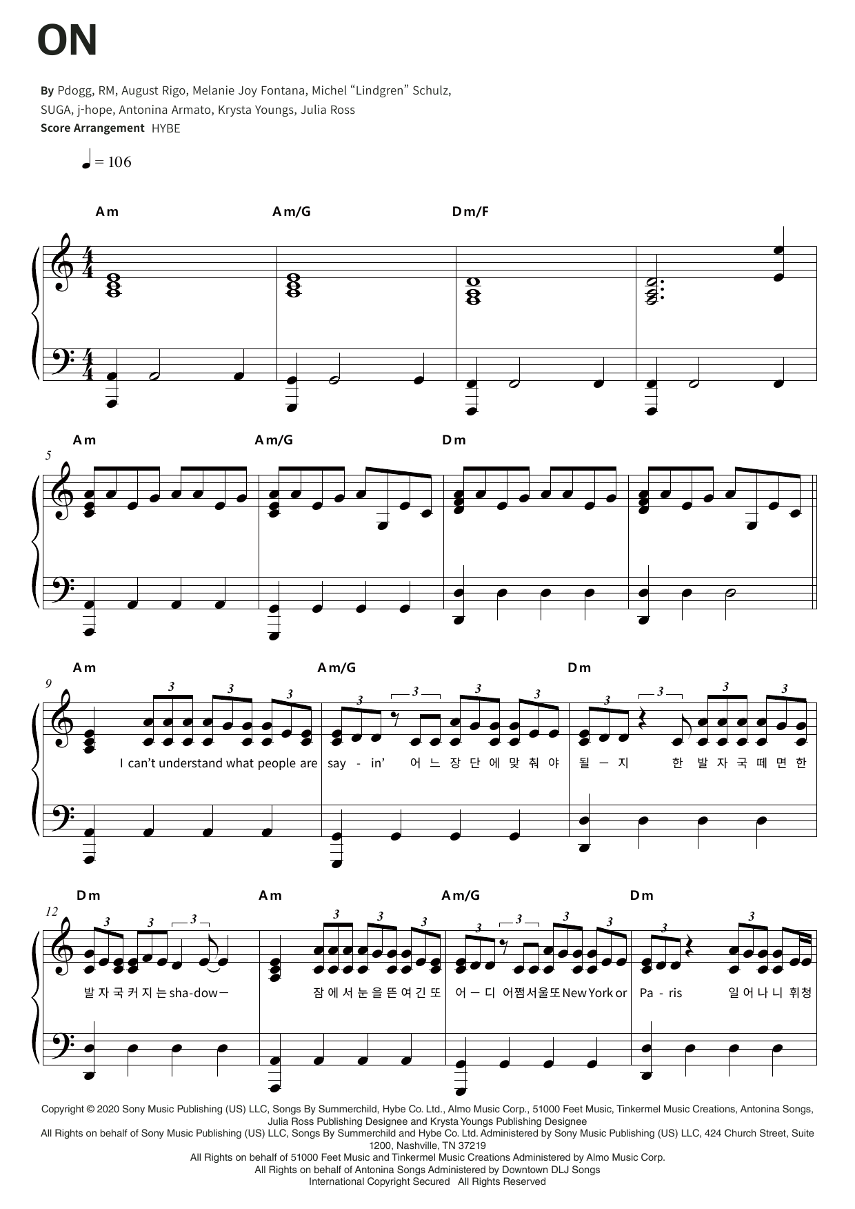 BTS On sheet music notes and chords arranged for Piano & Lyrics