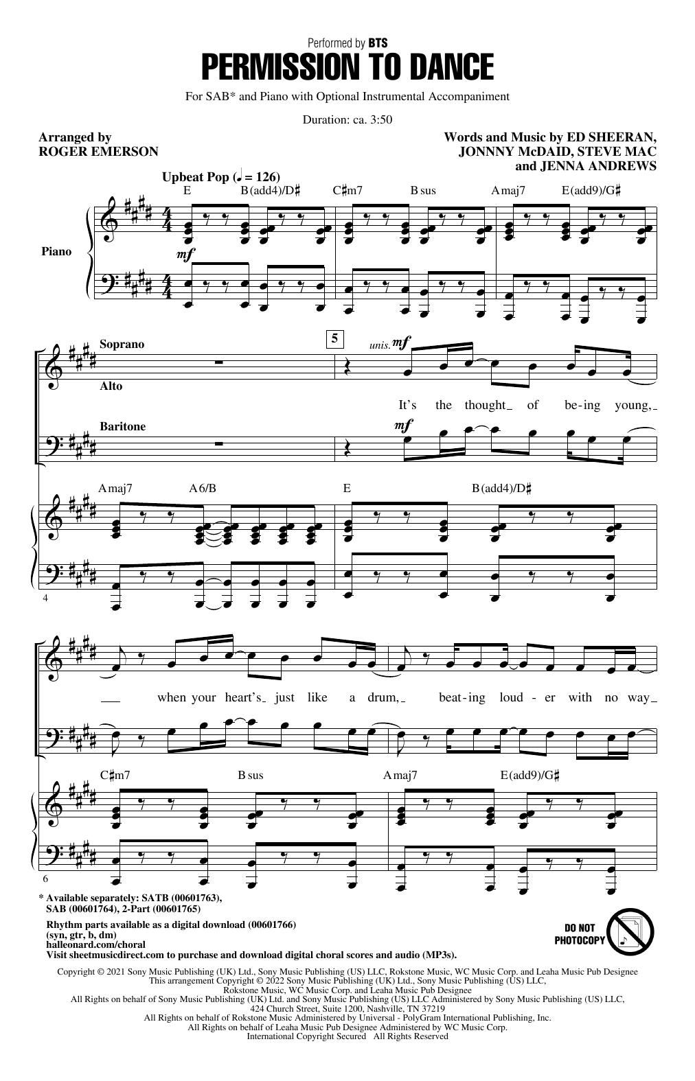 BTS Permission To Dance (arr. Roger Emerson) sheet music notes and chords arranged for SATB Choir