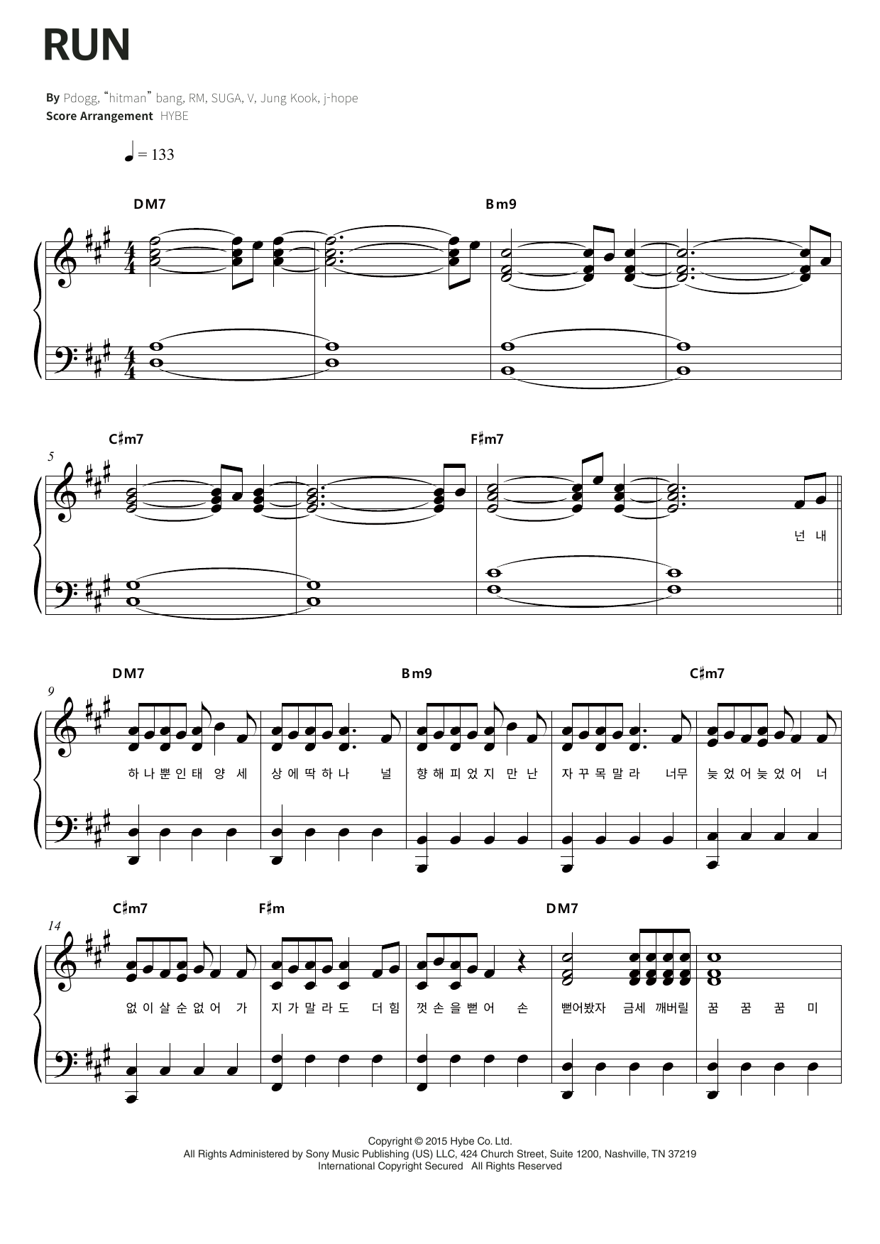 BTS Run sheet music notes and chords arranged for Piano & Lyrics