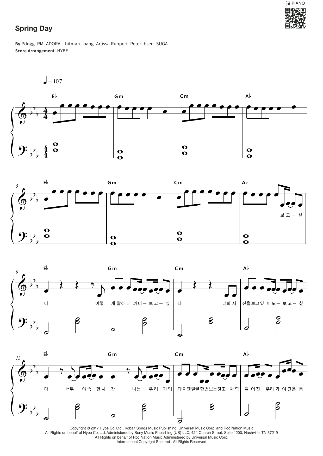 BTS Spring Day sheet music notes and chords arranged for Easy Piano