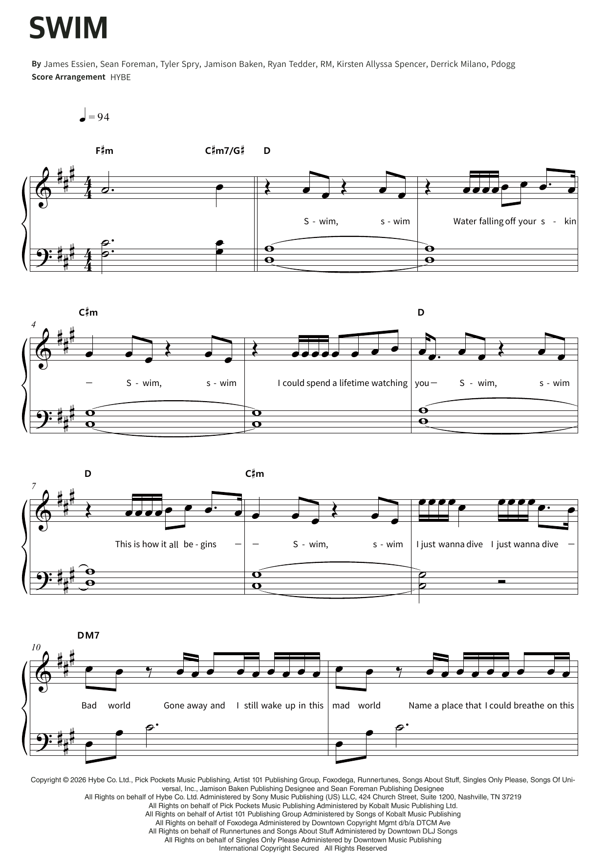 BTS SWIM sheet music notes and chords arranged for Easy Piano