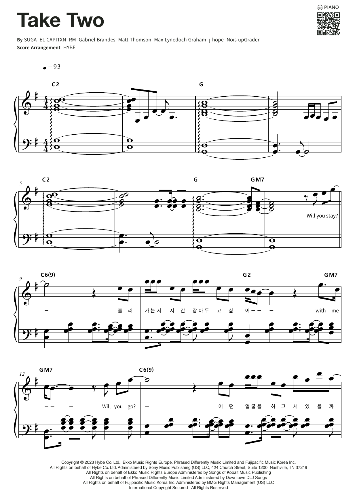 BTS Take Two sheet music notes and chords arranged for Easy Piano