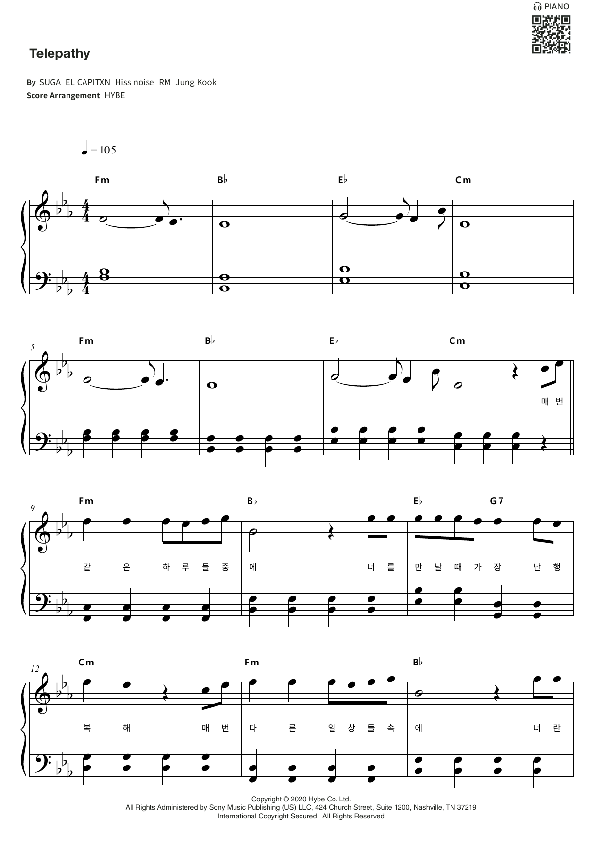 BTS Telepathy sheet music notes and chords arranged for Piano & Lyrics
