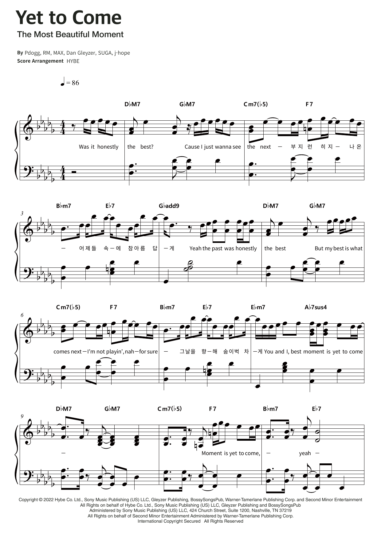 BTS Yet To Come sheet music notes and chords arranged for Piano & Lyrics