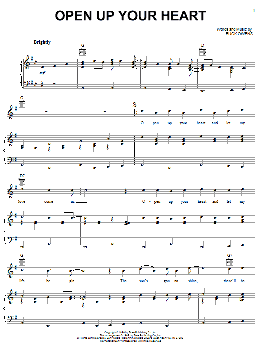 Buck Owens Open Up Your Heart sheet music notes and chords arranged for Piano, Vocal & Guitar Chords (Right-Hand Melody)