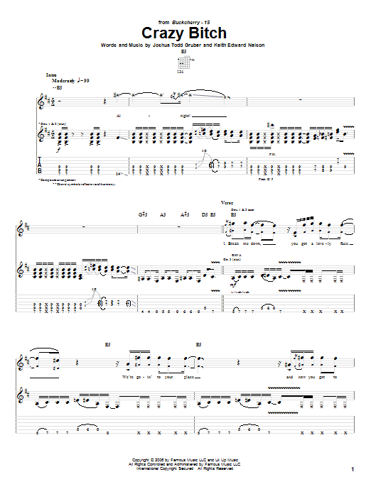 Buckcherry Crazy Bitch sheet music notes and chords arranged for Guitar Lead Sheet