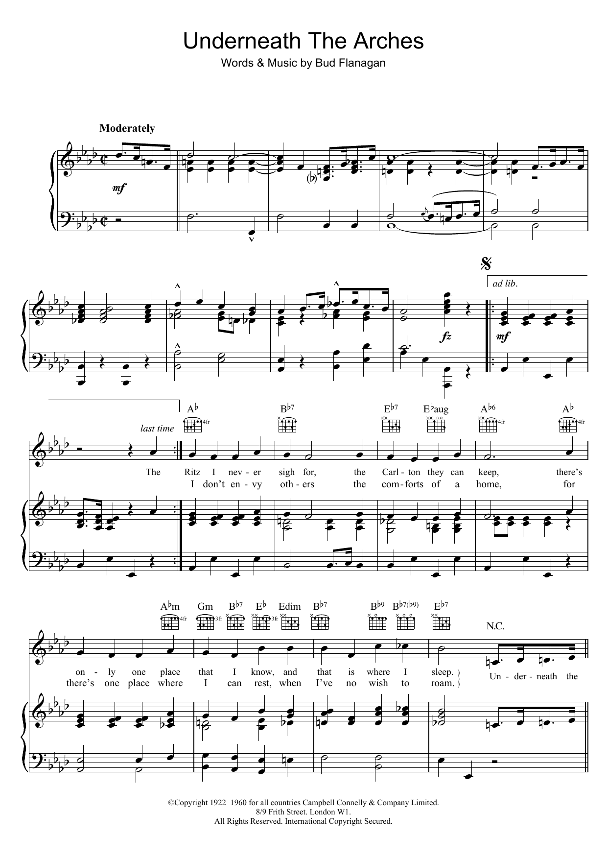 Bud Flanagan Underneath The Arches sheet music notes and chords arranged for Piano, Vocal & Guitar Chords