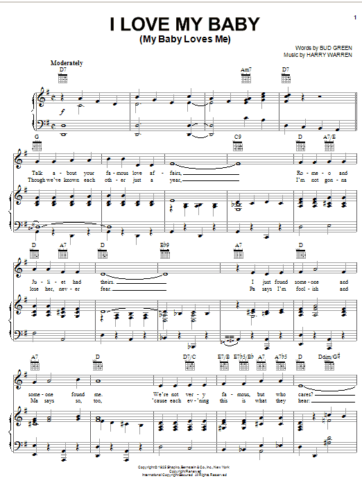Bud Green I Love My Baby (My Baby Loves Me) sheet music notes and chords arranged for Piano, Vocal & Guitar Chords (Right-Hand Melody)