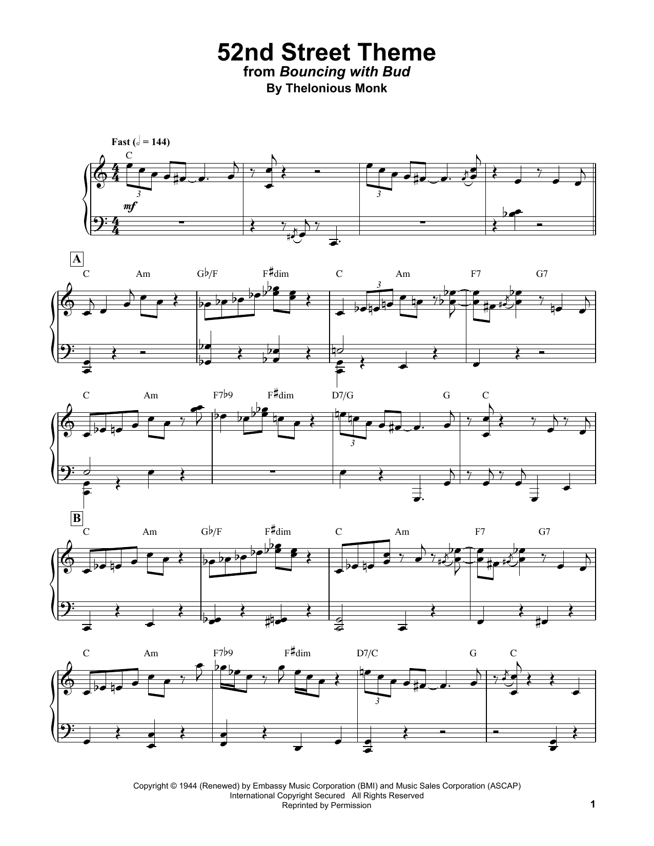Bud Powell 52nd Street Theme sheet music notes and chords arranged for Piano Transcription