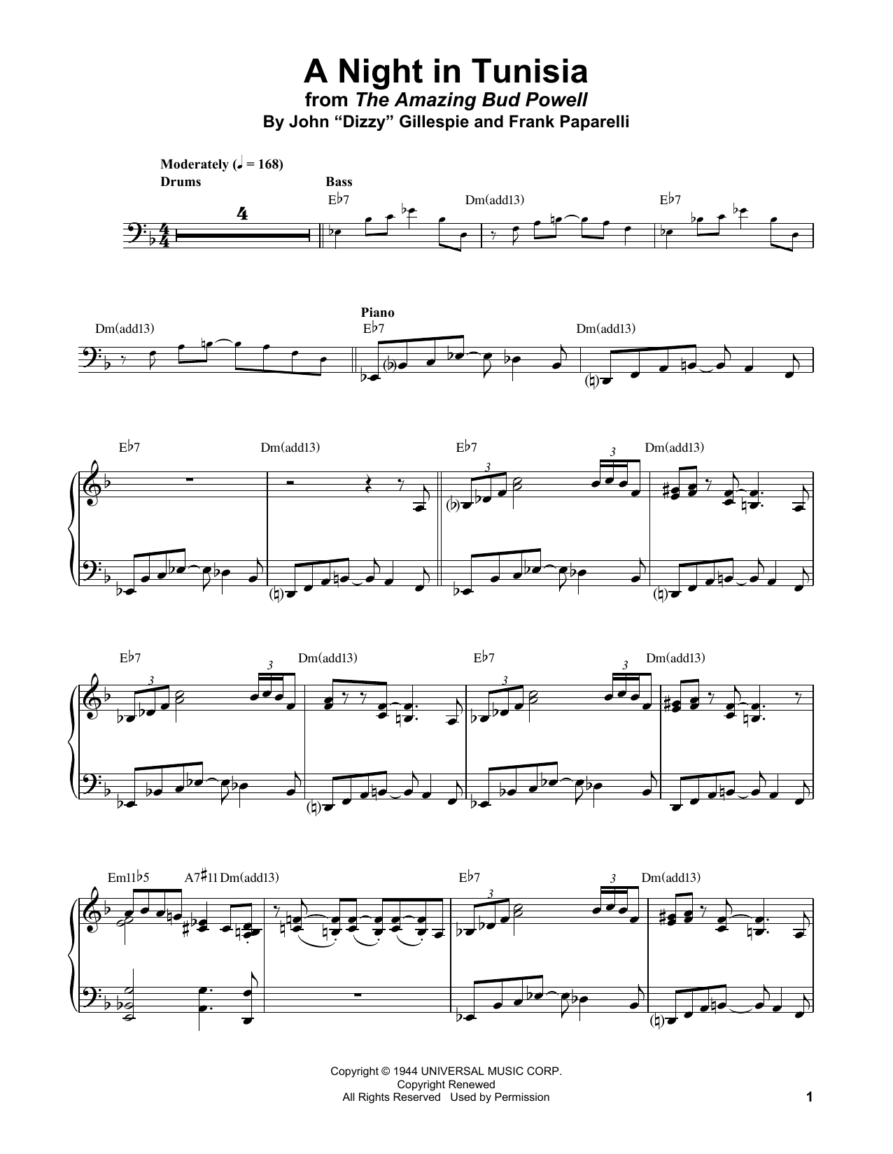 Bud Powell A Night In Tunisia sheet music notes and chords arranged for Piano Transcription