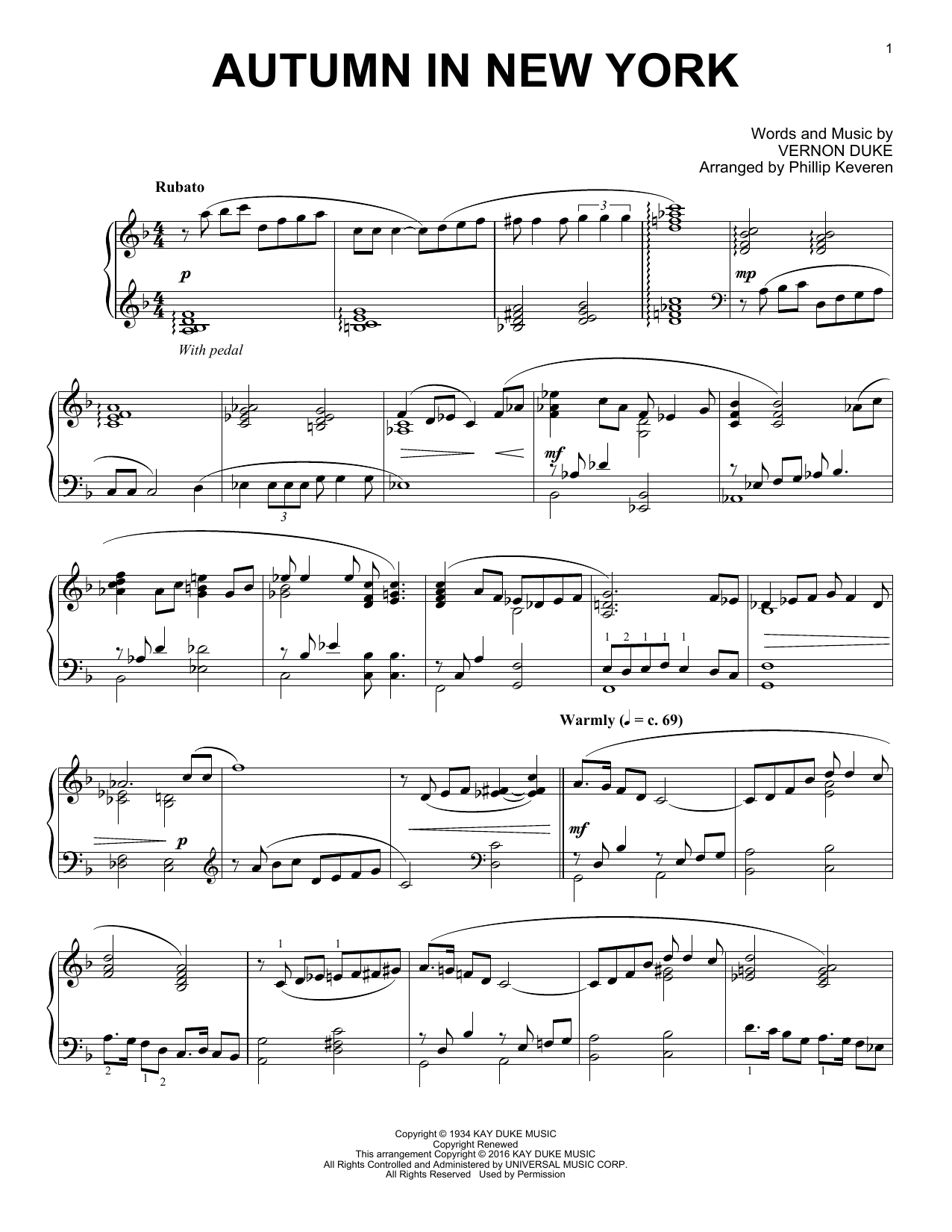 Bud Powell Autumn In New York (arr. Phillip Keveren) sheet music notes and chords arranged for Piano Solo