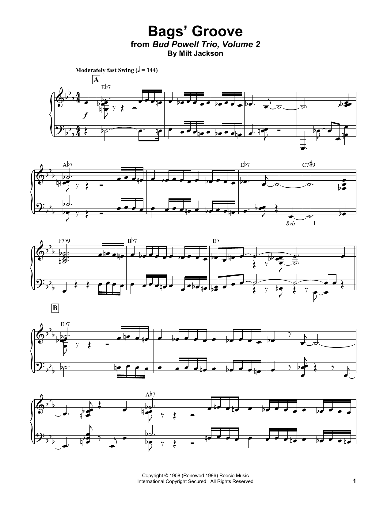 Bud Powell Bags' Groove sheet music notes and chords arranged for Piano Transcription