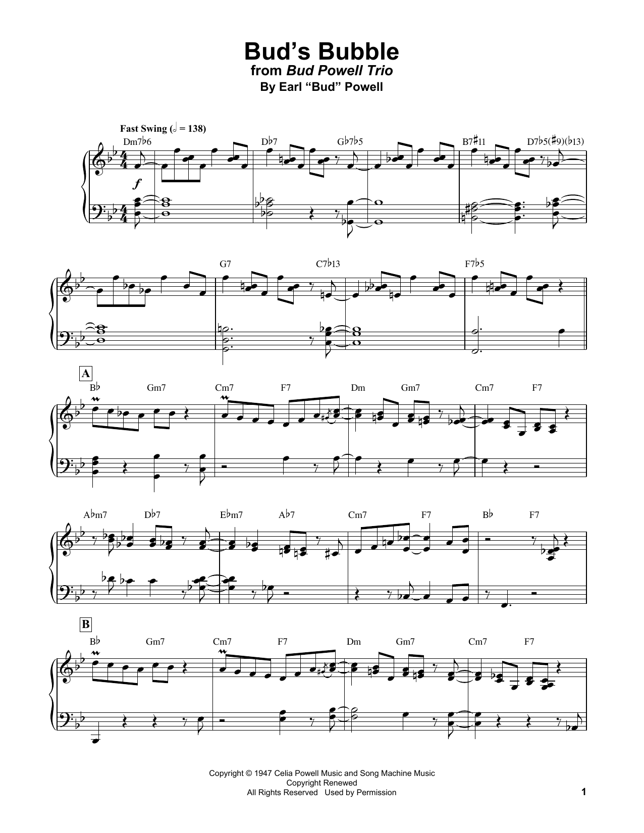 Bud Powell Bud's Bubble sheet music notes and chords arranged for Piano Transcription
