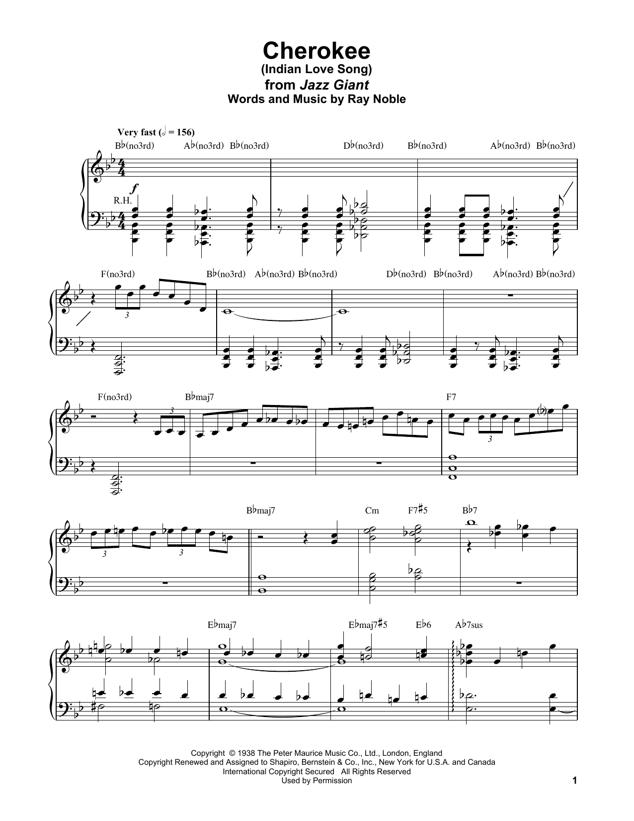 Bud Powell Cherokee (Indian Love Song) sheet music notes and chords arranged for Piano Transcription