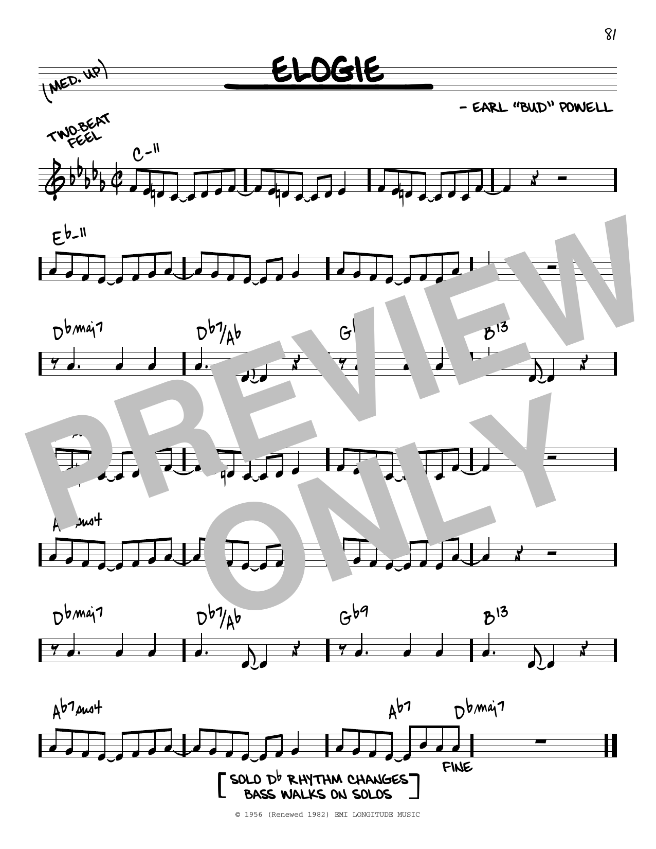 Bud Powell Elogie sheet music notes and chords arranged for Real Book – Melody & Chords – C Instruments