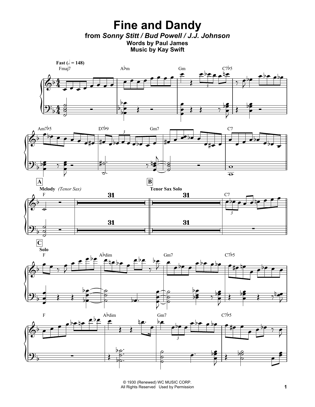 Bud Powell Fine And Dandy sheet music notes and chords arranged for Piano Transcription