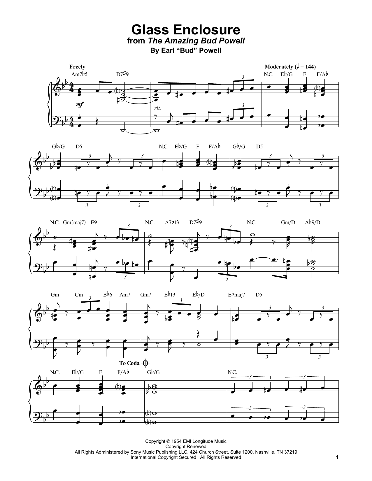 Bud Powell Glass Enclosure sheet music notes and chords arranged for Piano Transcription