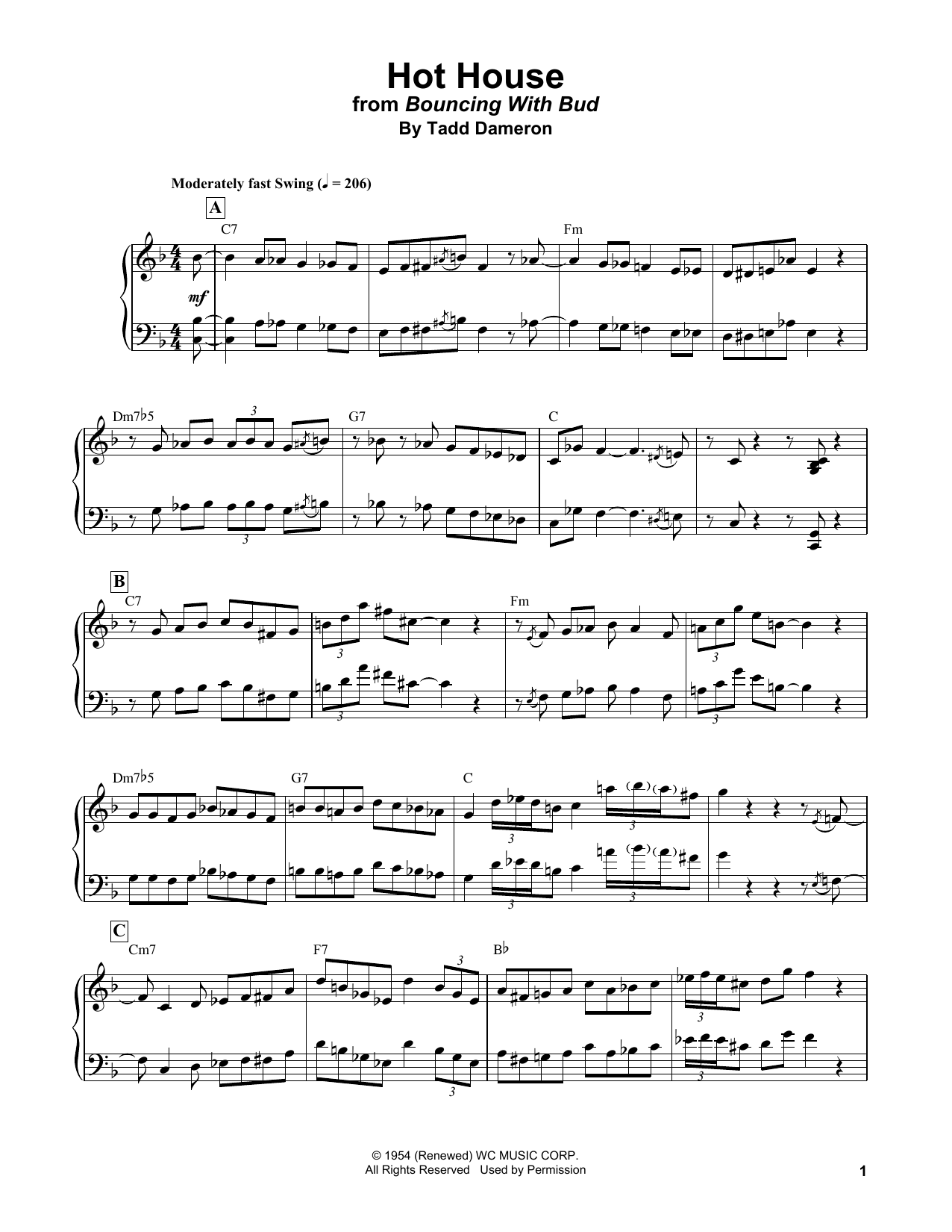 Bud Powell Hot House sheet music notes and chords arranged for Piano Transcription