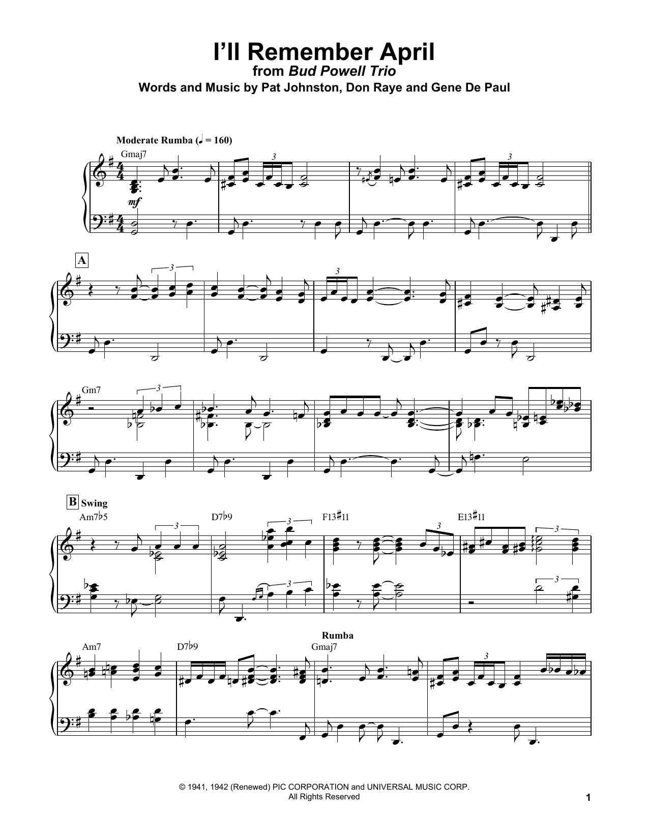Bud Powell I'll Remember April sheet music notes and chords arranged for Piano Transcription