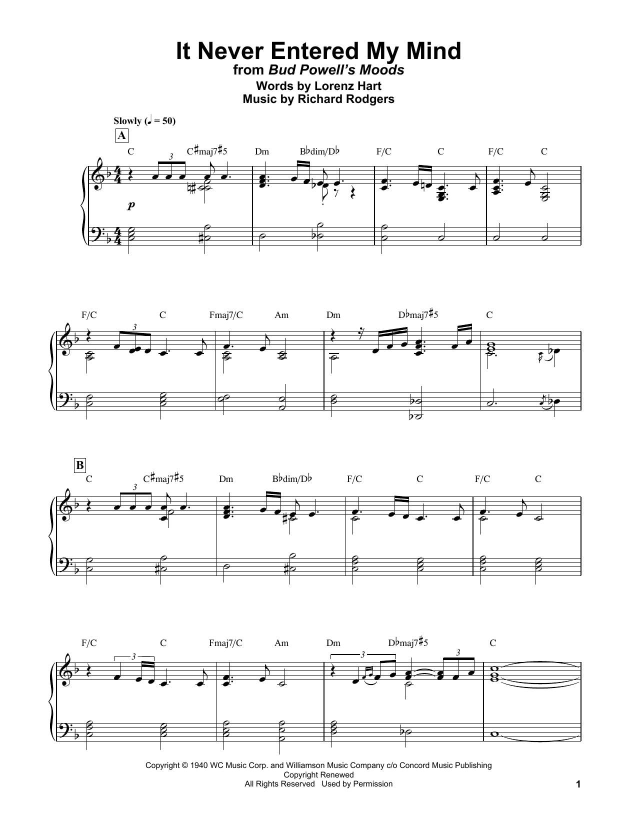 Bud Powell It Never Entered My Mind sheet music notes and chords arranged for Piano Transcription