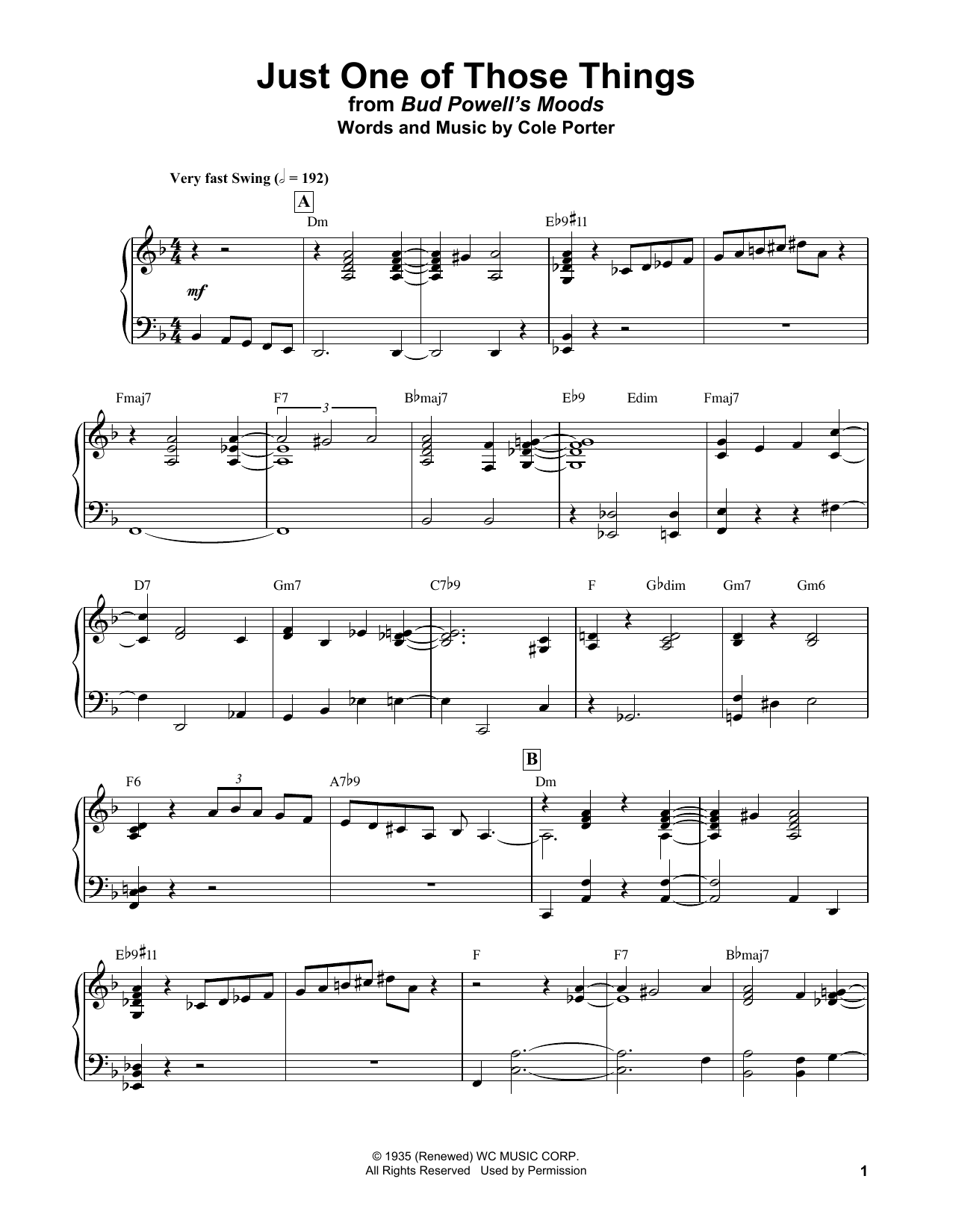Bud Powell Just One Of Those Things sheet music notes and chords arranged for Piano Transcription
