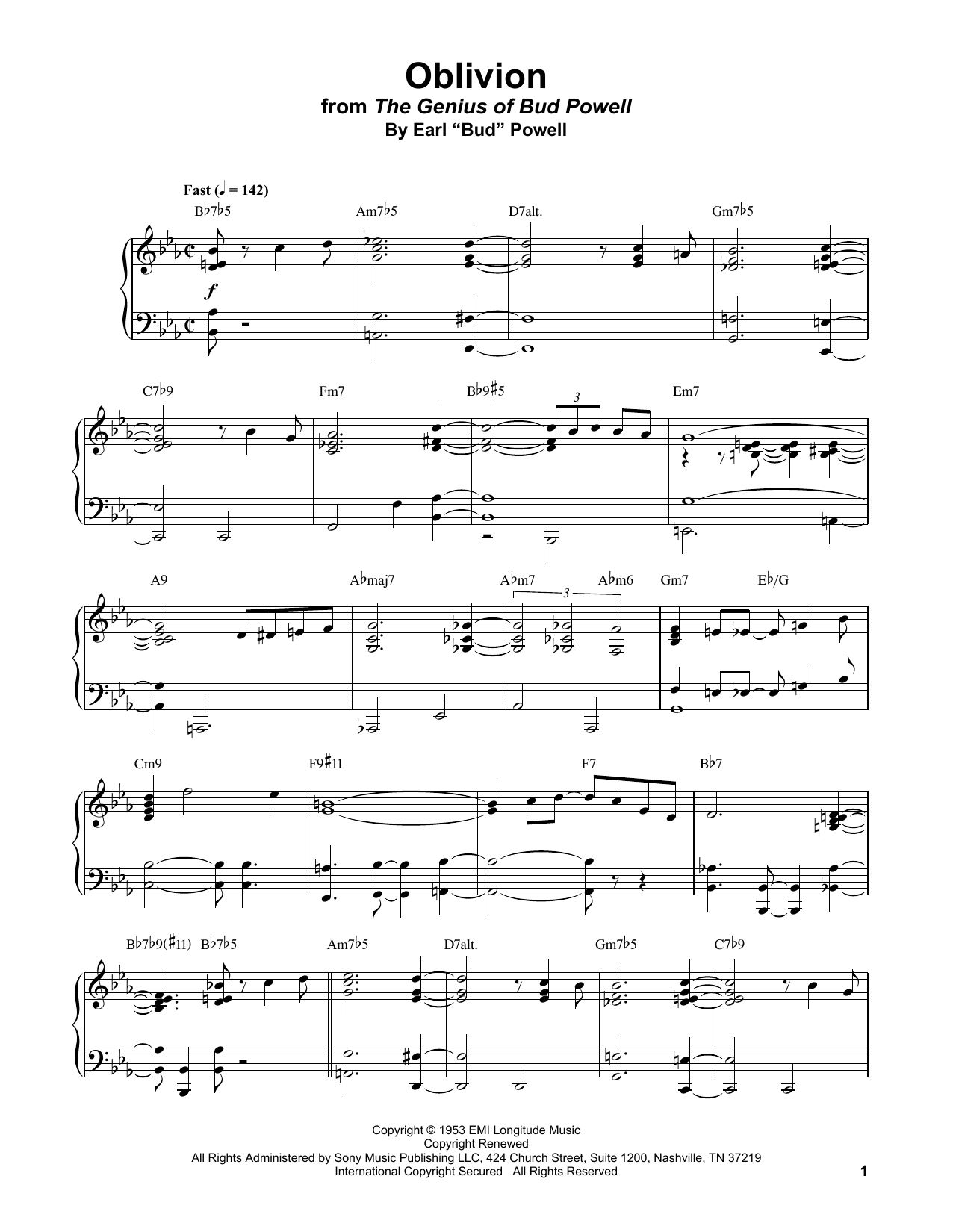 Bud Powell Oblivion sheet music notes and chords arranged for Real Book – Melody & Chords