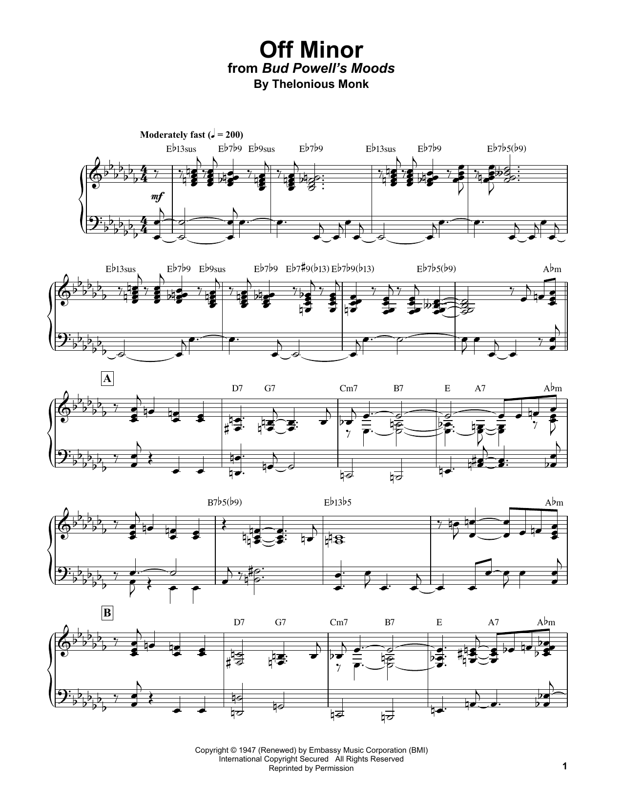 Bud Powell Off Minor sheet music notes and chords arranged for Piano Transcription