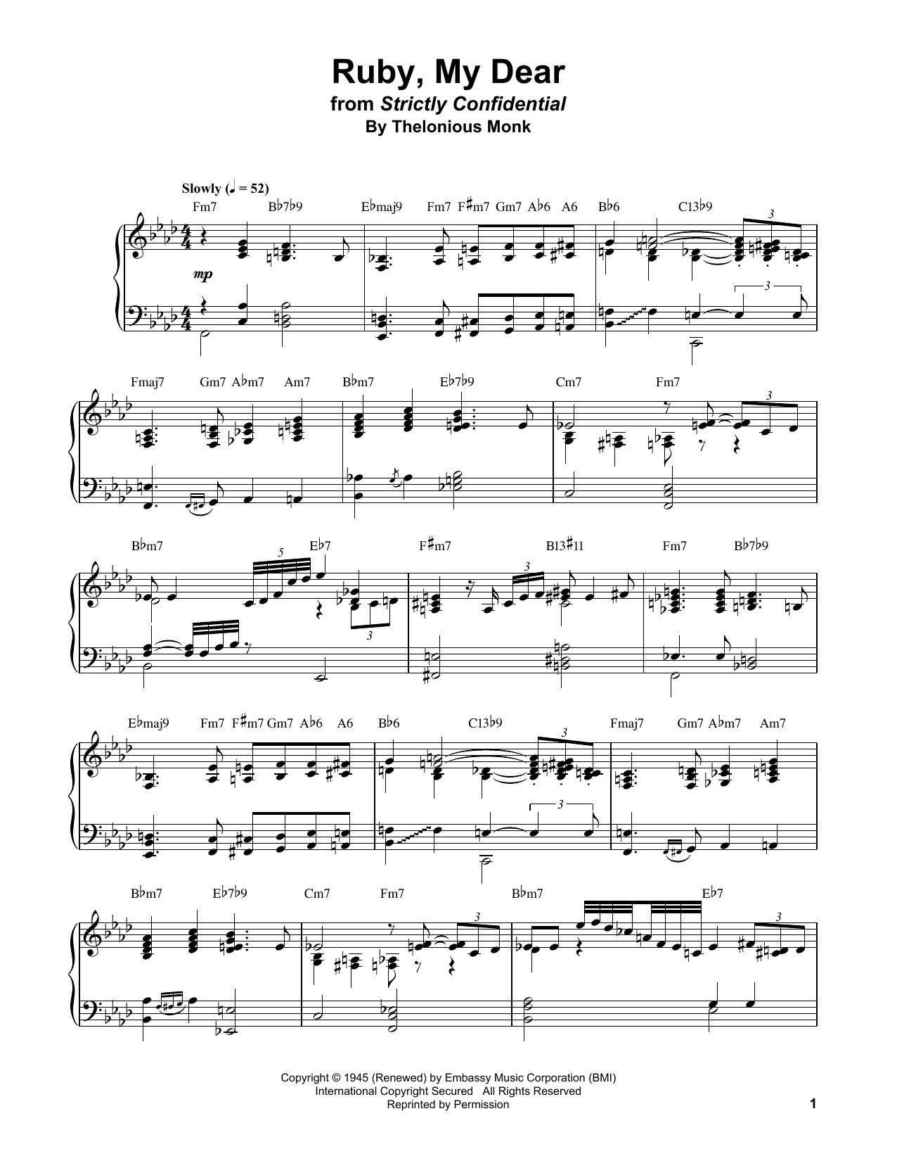 Bud Powell Ruby, My Dear sheet music notes and chords arranged for Piano Transcription
