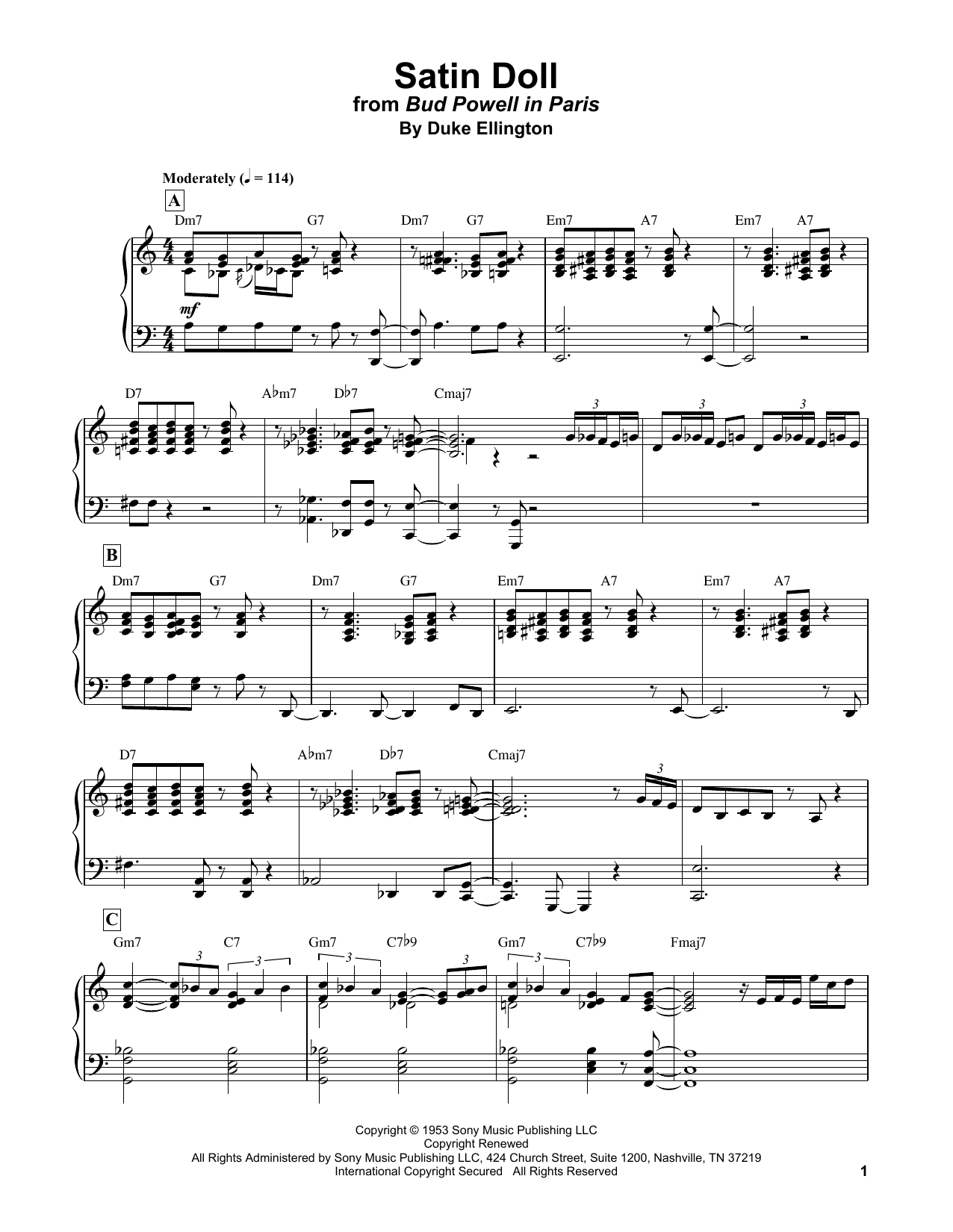 Bud Powell Satin Doll sheet music notes and chords arranged for Piano Transcription