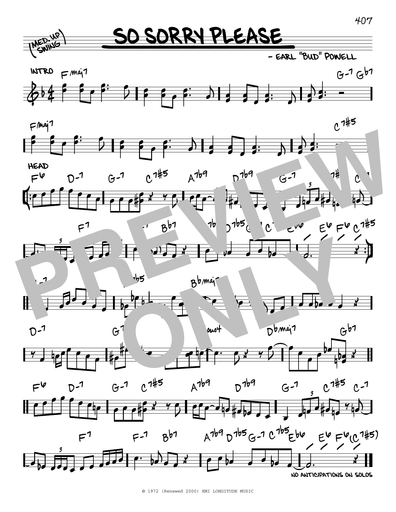 Bud Powell So Sorry Please sheet music notes and chords arranged for Real Book – Melody & Chords