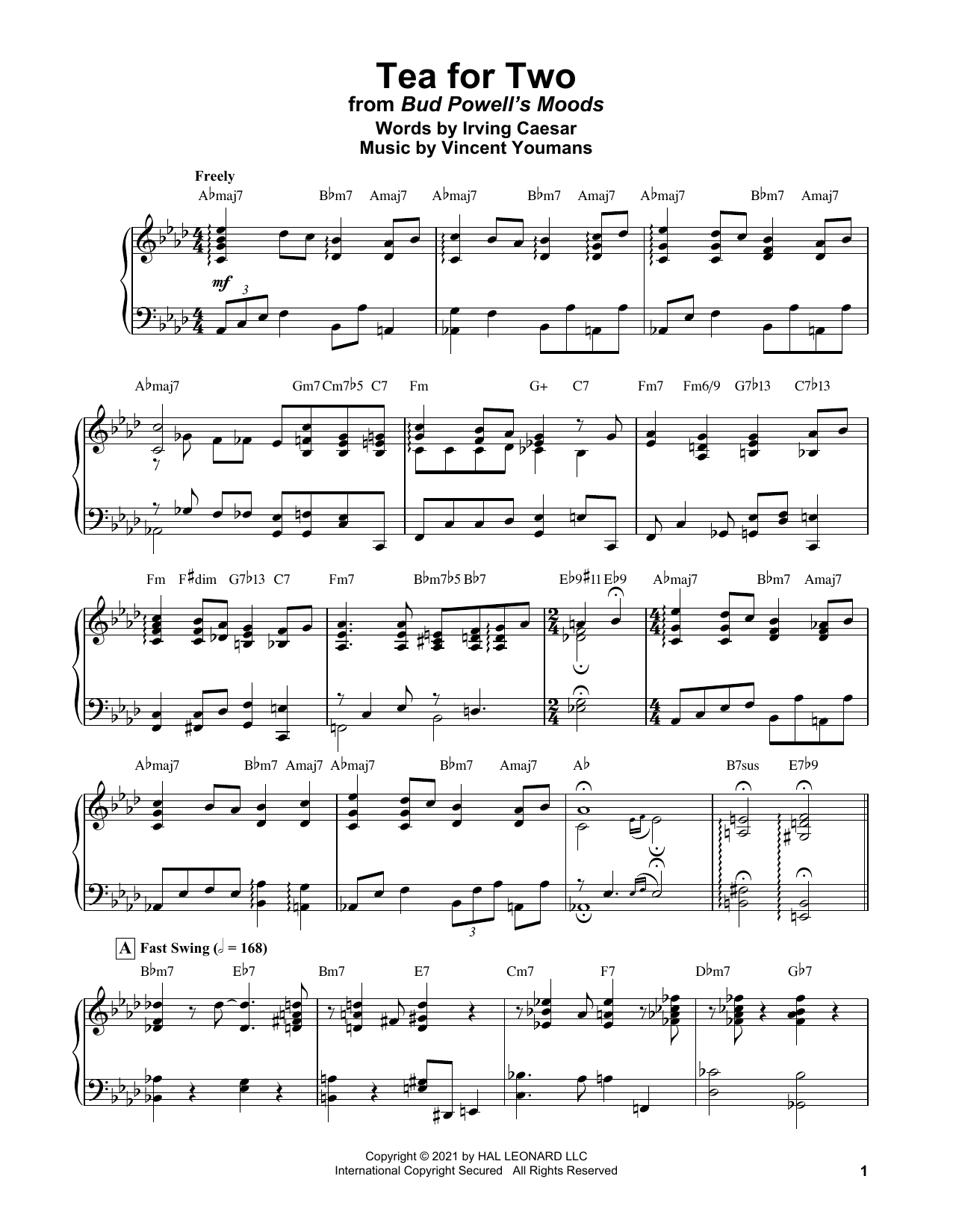 Bud Powell Tea For Two (from No, No, Nanette) sheet music notes and chords arranged for Piano Transcription