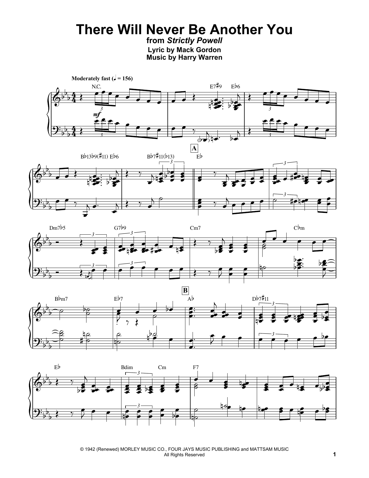 Bud Powell There Will Never Be Another You sheet music notes and chords arranged for Piano Transcription