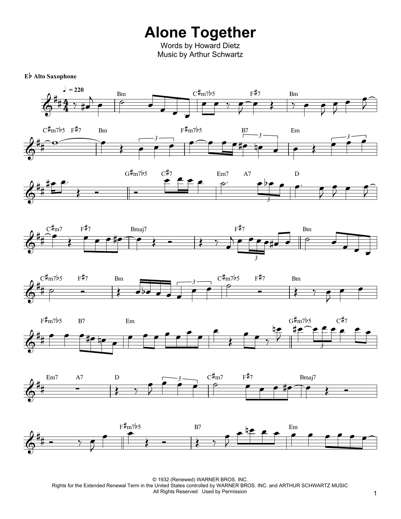 Bud Shank Alone Together sheet music notes and chords arranged for Alto Sax Transcription