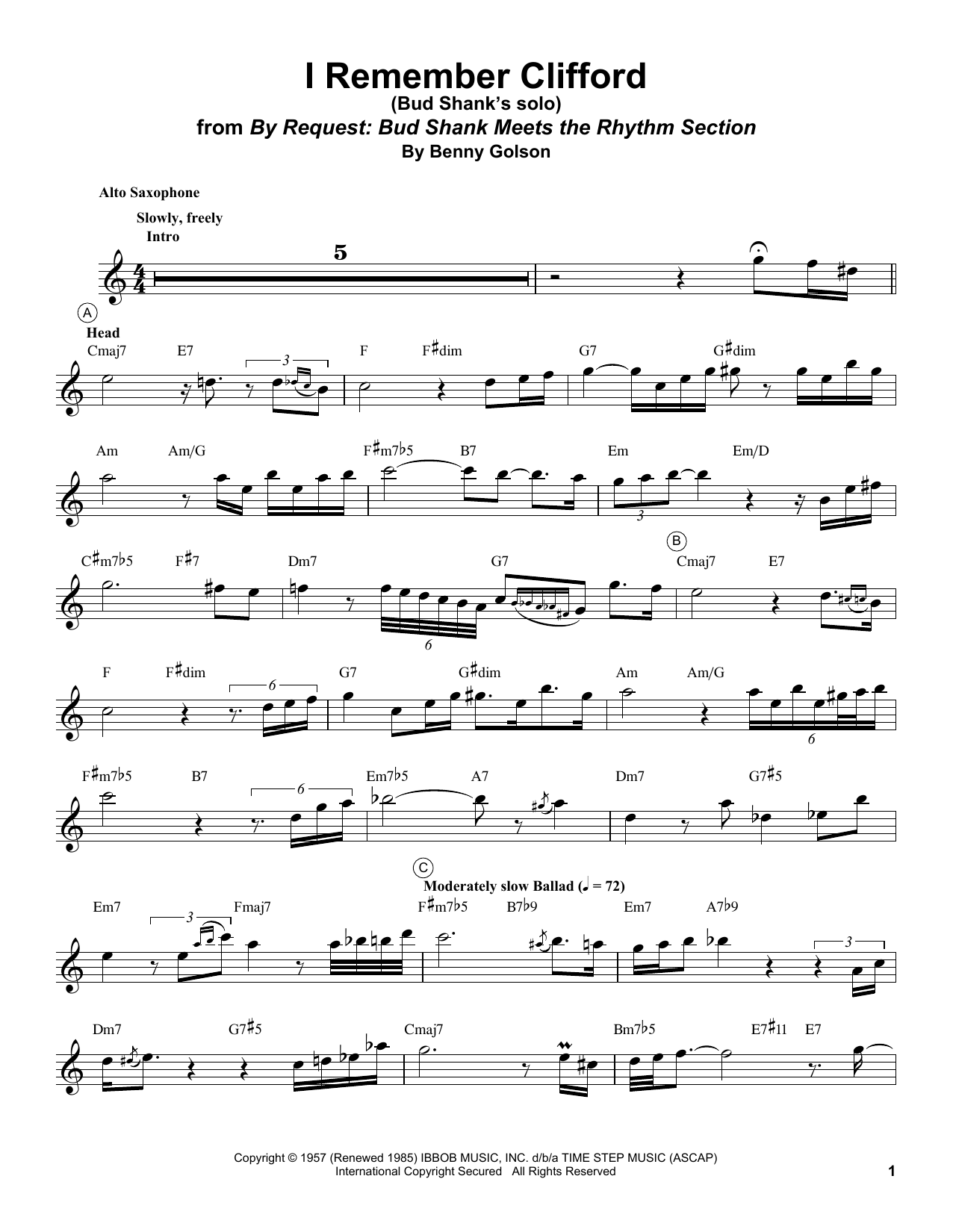 Bud Shank I Remember Clifford sheet music notes and chords arranged for Alto Sax Transcription