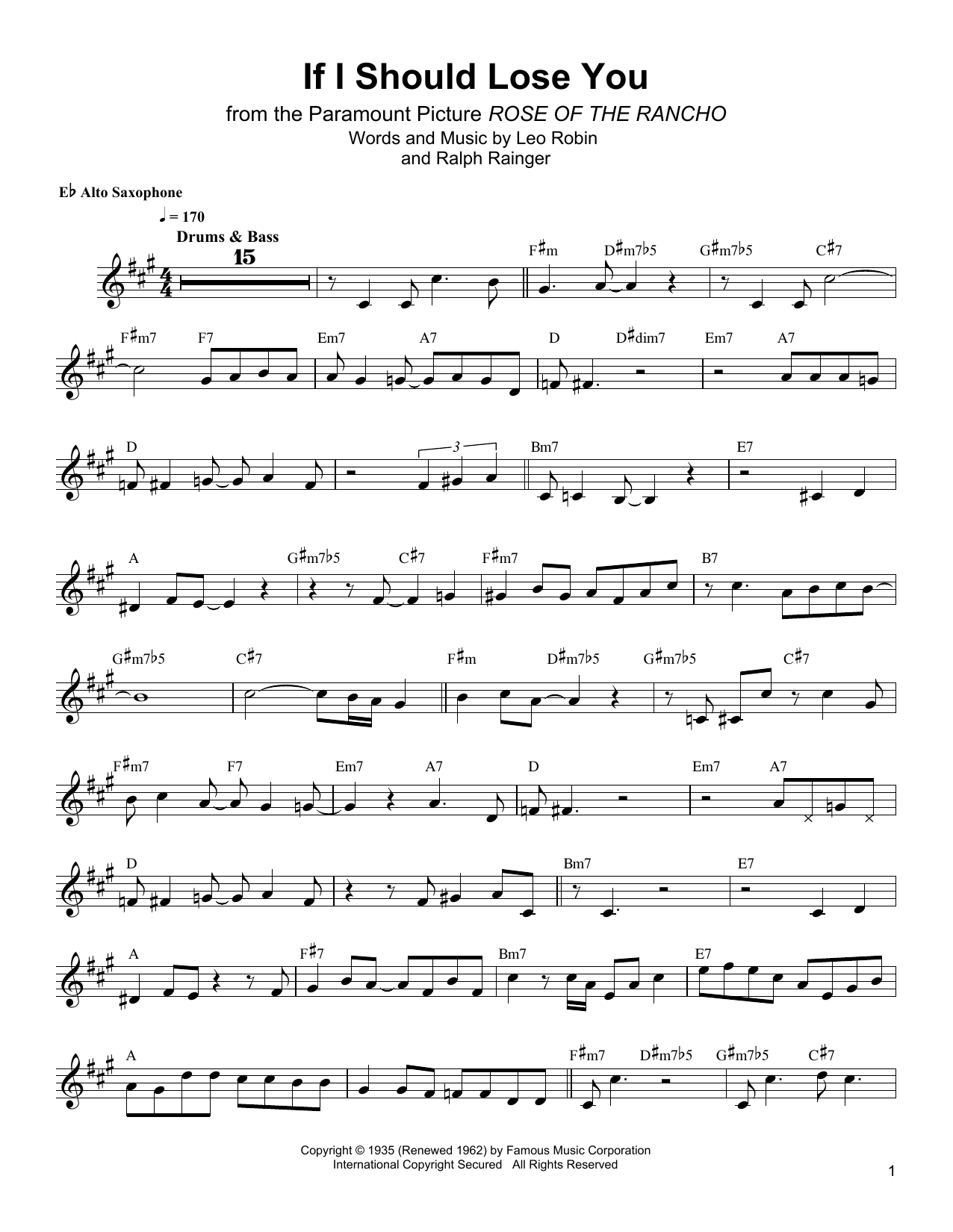 Bud Shank If I Should Lose You sheet music notes and chords arranged for Alto Sax Transcription