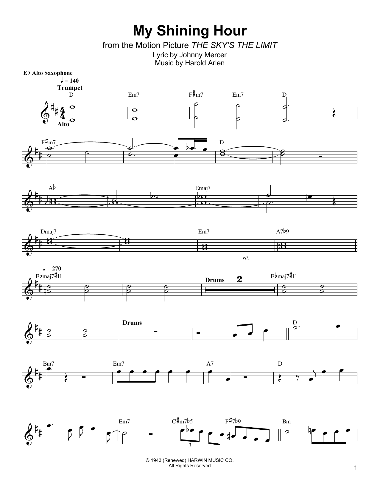 Bud Shank My Shining Hour sheet music notes and chords arranged for Alto Sax Transcription