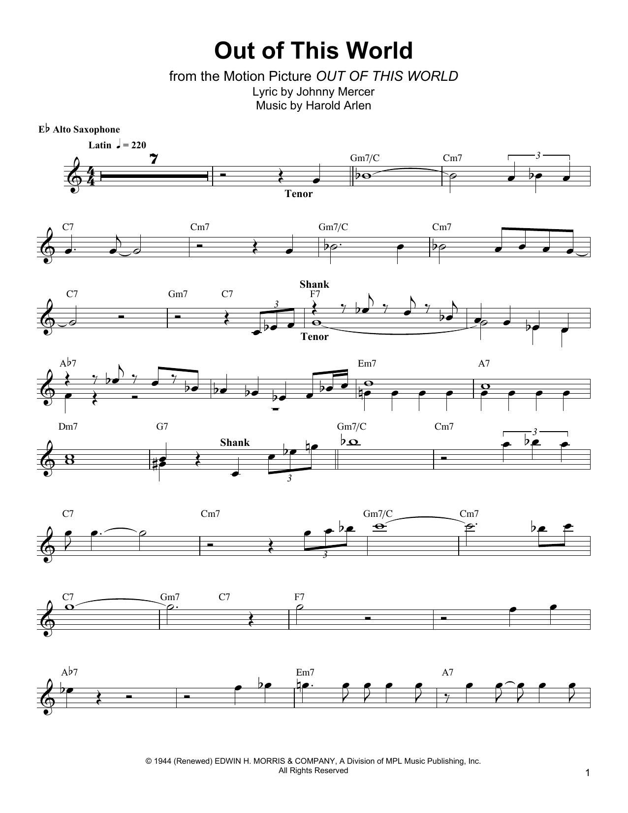 Bud Shank Out Of This World sheet music notes and chords arranged for Alto Sax Transcription