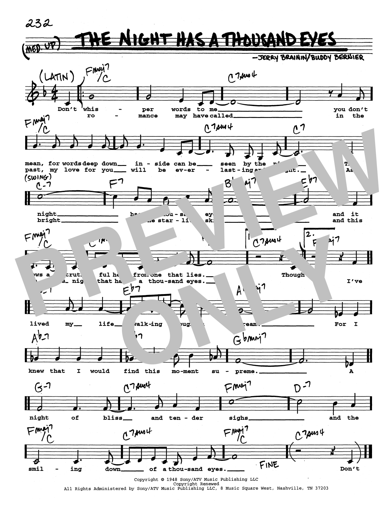 Buddy Bernier The Night Has A Thousand Eyes (Low Voice) sheet music notes and chords arranged for Real Book – Melody, Lyrics & Chords
