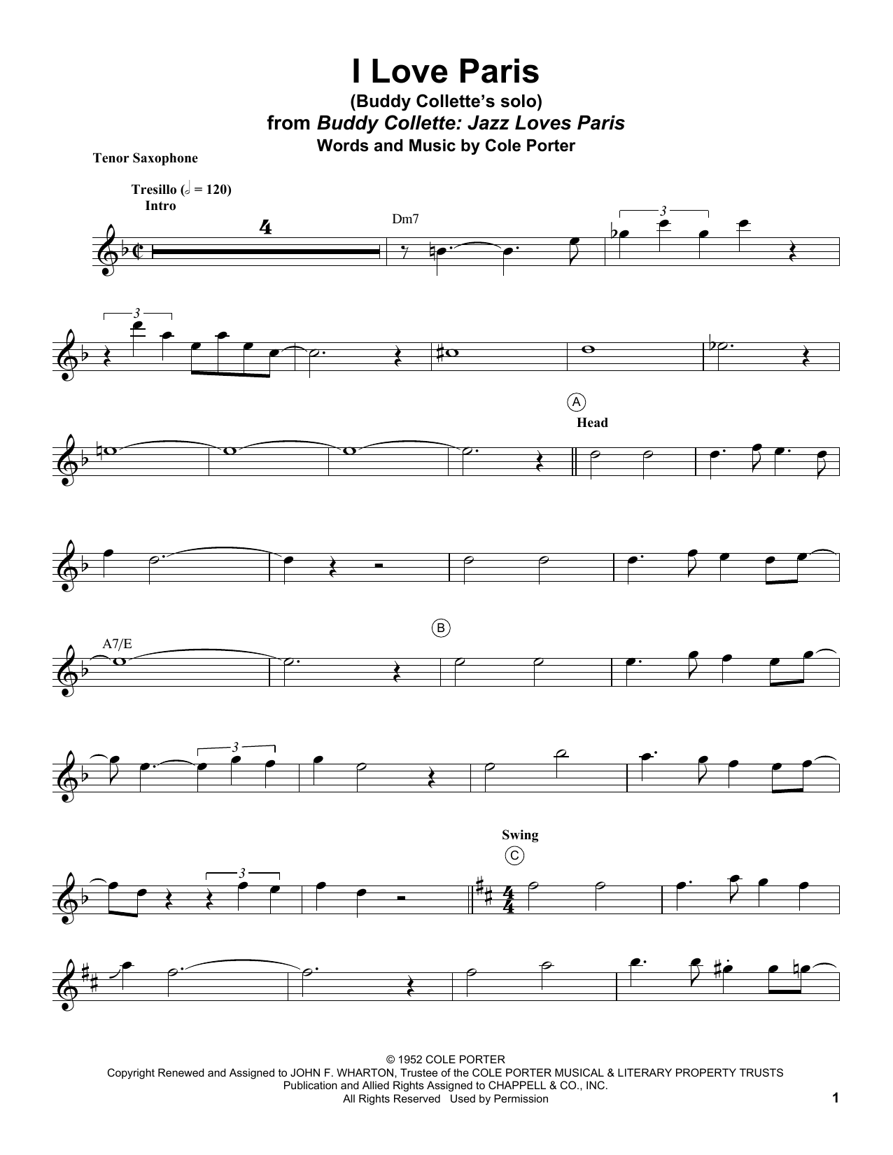 Buddy Collette I Love Paris sheet music notes and chords arranged for Tenor Sax Transcription